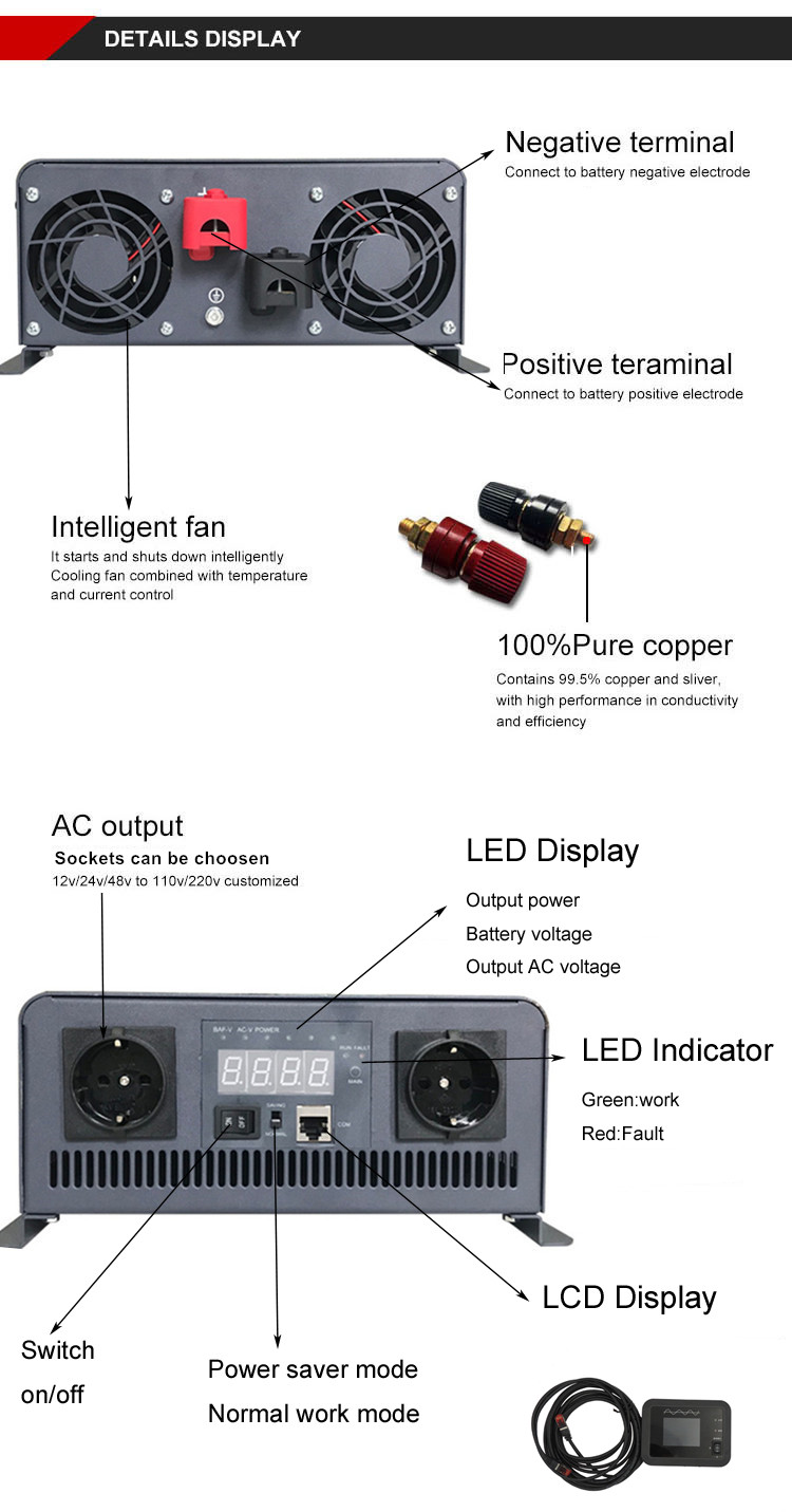 New 1500va 1500w dc to ac pure sine wave power inverter with LED  LCD display panel for home use XP1500