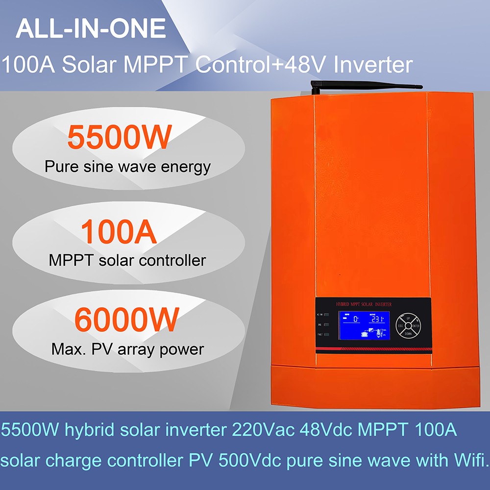 High Frequency Solar Inverter 5500W 5.5KW 48V 230VAC with MPPT 100A Controller and Max PV 500VD for Solar Power Systems