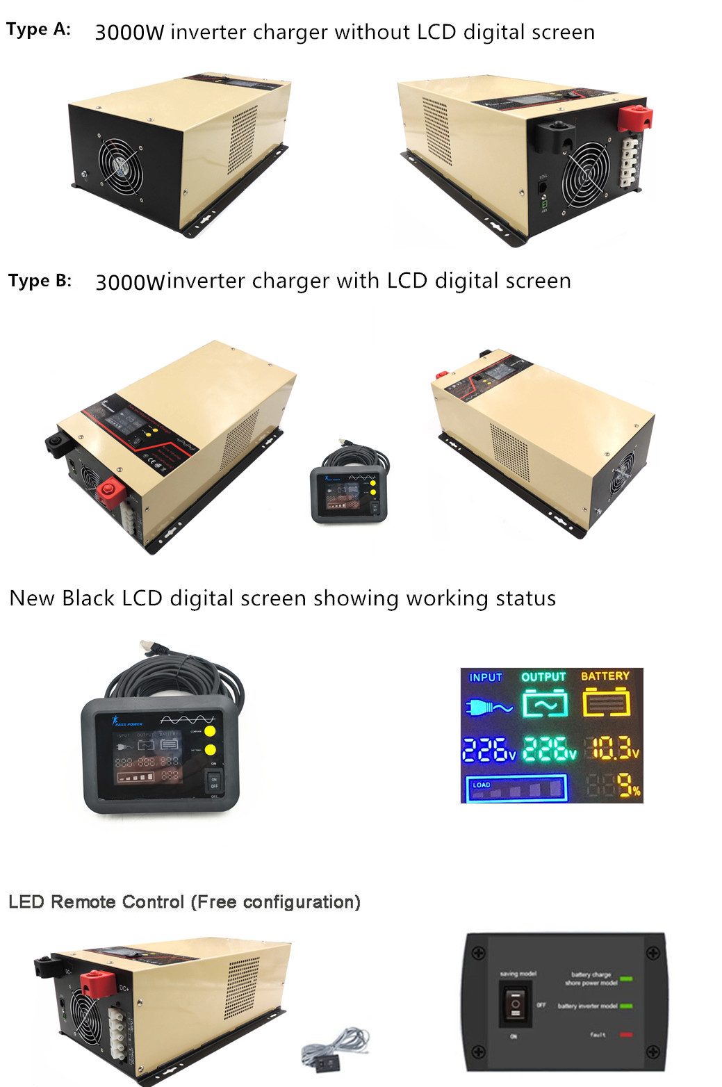 3KW 3000va 12v 24v 48v Dc to 120V 230v  Ac Low Frequency Pure Sine Wave Hybrid Inverters with built-in battery charger 3000w