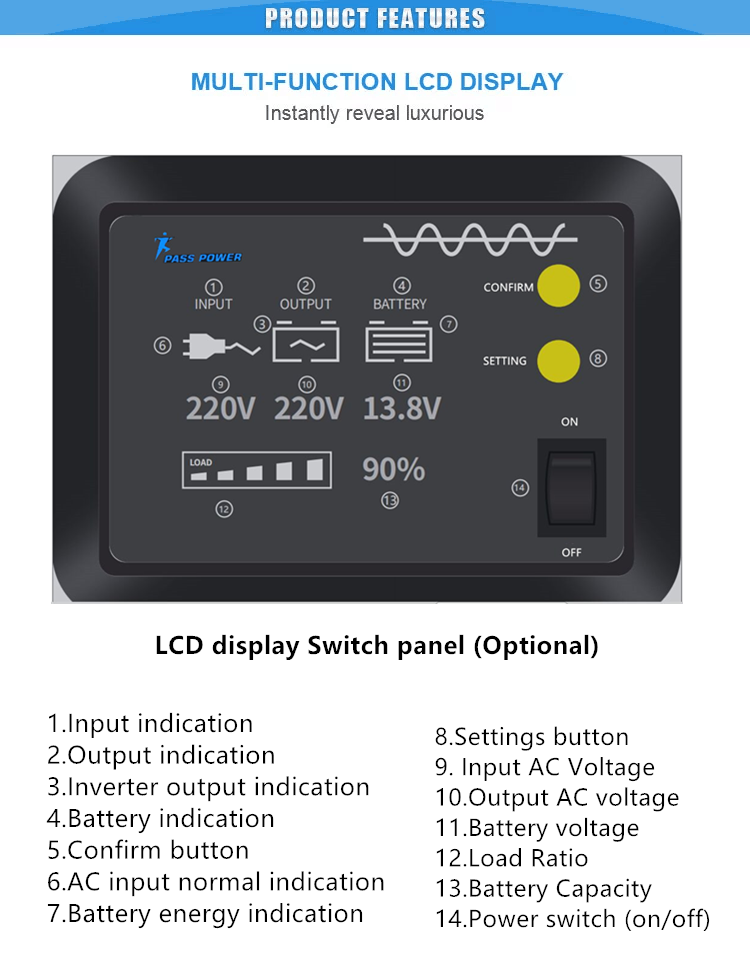 3KW 3000va 12v 24v 48v Dc to 120V 230v  Ac Low Frequency Pure Sine Wave Hybrid Inverters with built-in battery charger 3000w