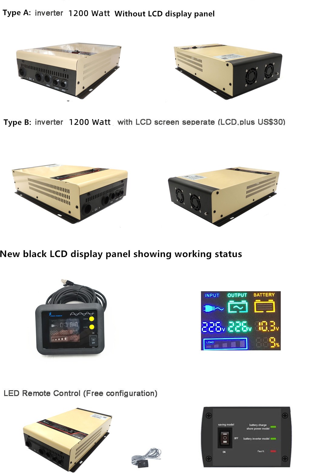 Low frequency Intelligent 1.2kw 1200w 12v 24v 48v dc to 110v 120v 220v 230v ac low frequency pure sine wave inverter with battery charger lcd screen