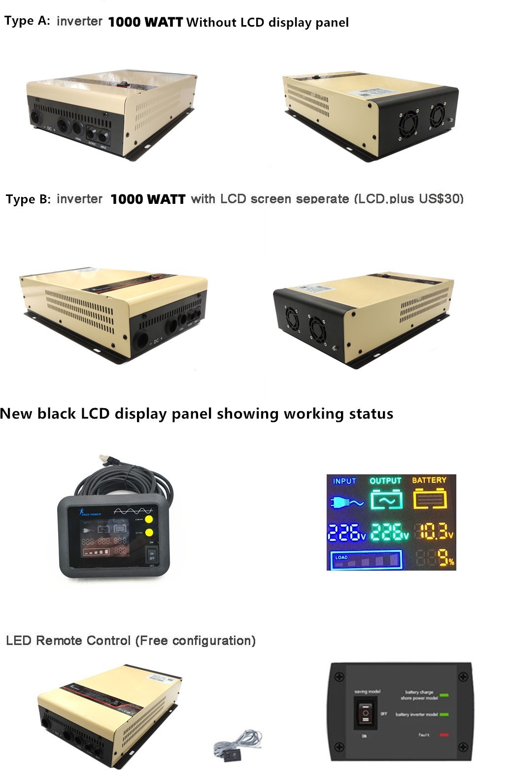 Low frequency offgrid tie 1000w 12v 24v 48v DC to 110v 120v 220v 230v AC pure sine wave power inverter with battery charger and LCD display panel