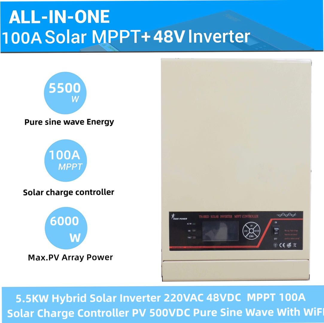 5.5kw 5500w off grid inversor high frequency hybrid MPPT solar inverter with 100A solar energy PV charger